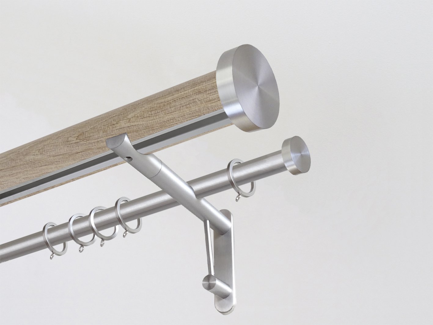 Real solid oak double curtain pole set with integrated track in 50mm diameter with bronze mini disc finials | Walcot House UK