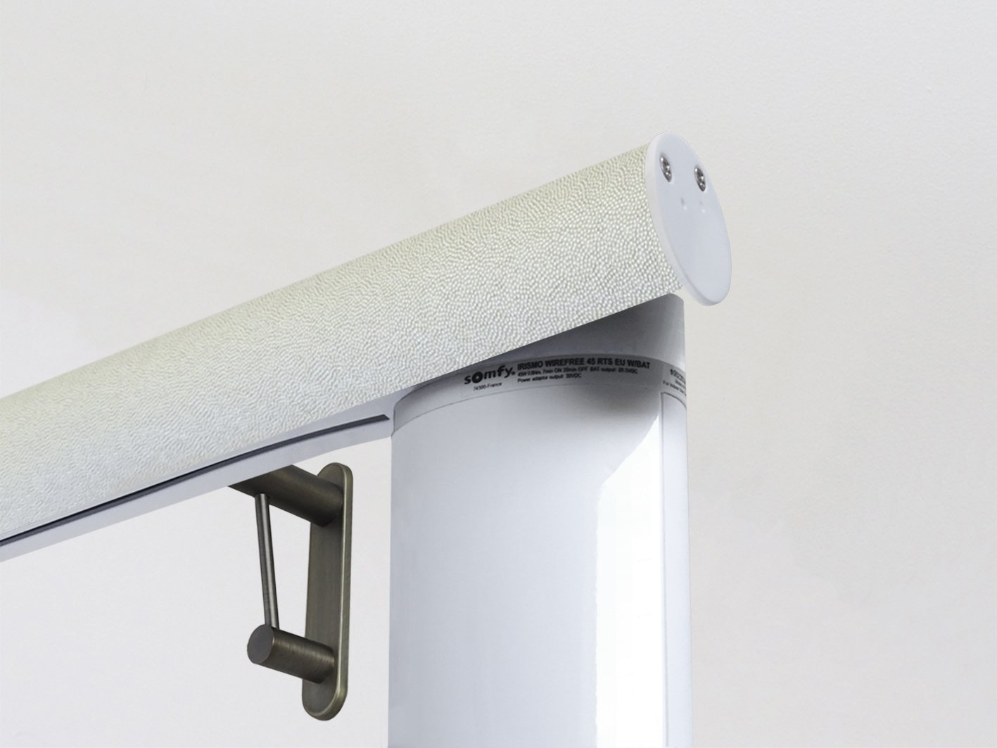 Motorised electric curtain pole in white pepper, wireless & battery powered using the Somfy Glydea track | Walcot House UK curtain pole specialists