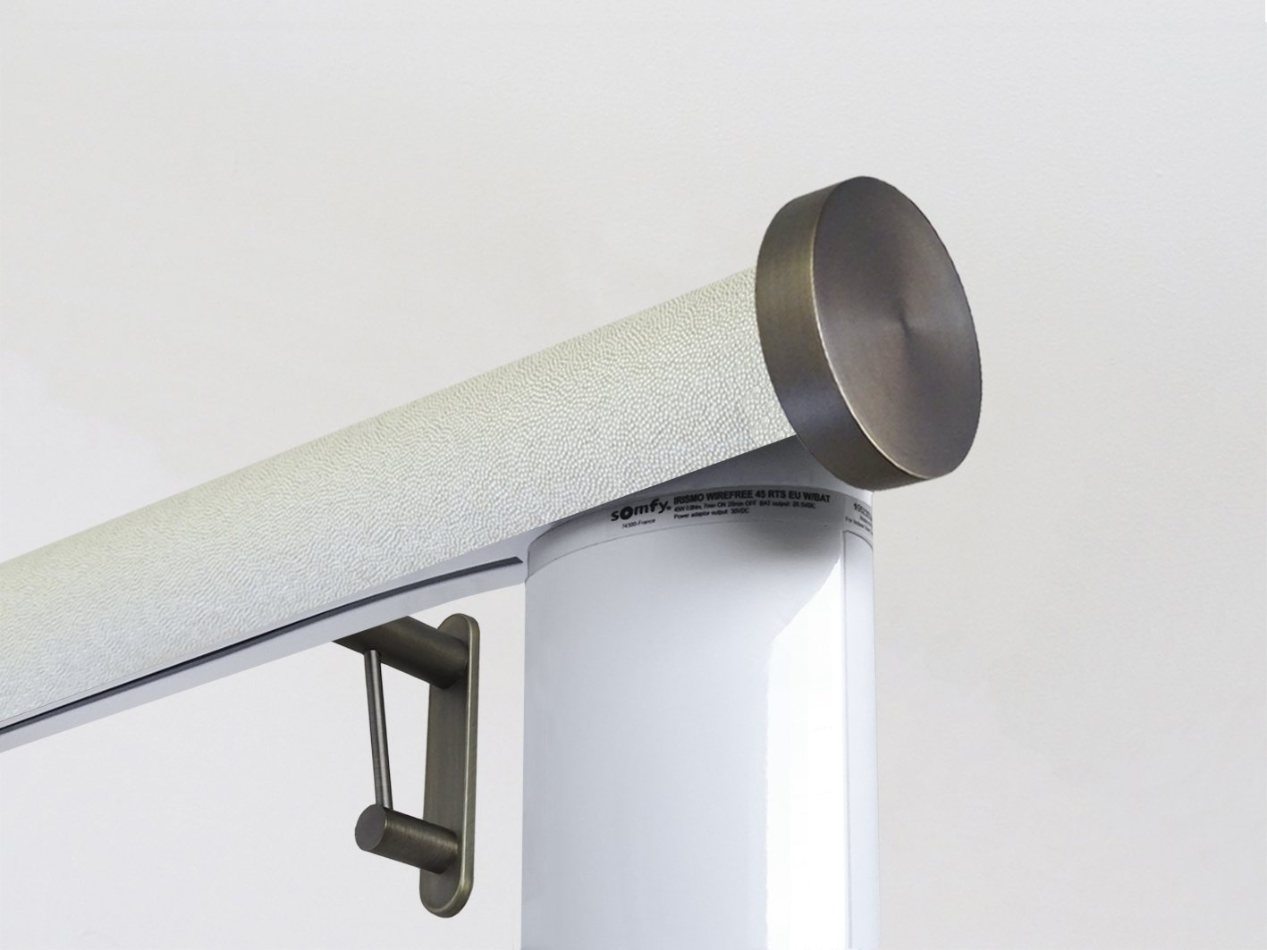 Motorised electric curtain pole in white pepper, wireless & battery powered using the Somfy Glydea track | Walcot House UK curtain pole specialists