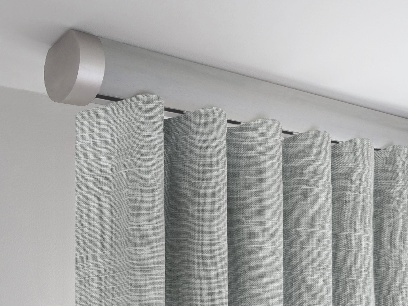 Flush ceiling fix tracked curtain pole in Wood Pigeon stained wood by Walcot House